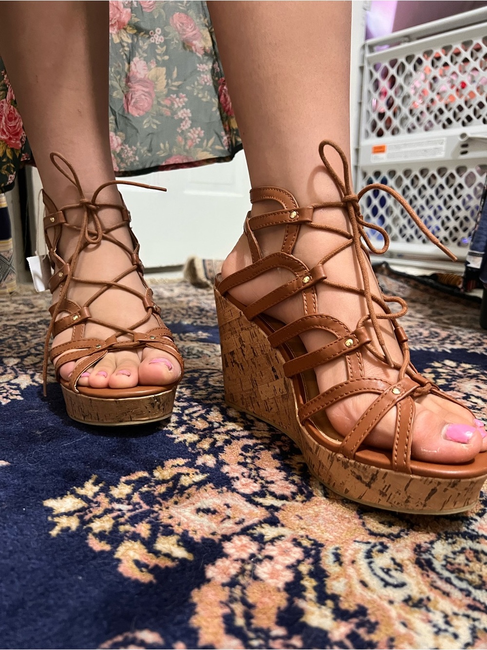Women's Tan Lace-Up Cork Wedge Sandals